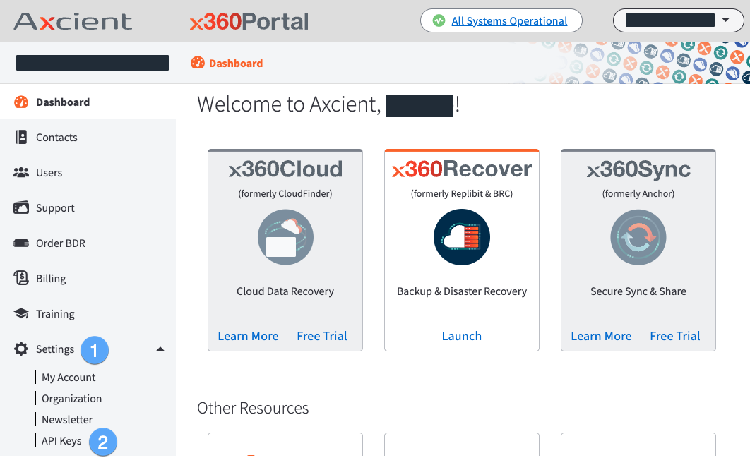 Axcient X360Portal > Settings > API Keys.png