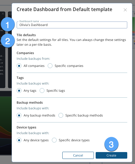 Name your dashboard > choose default settings > Create.png